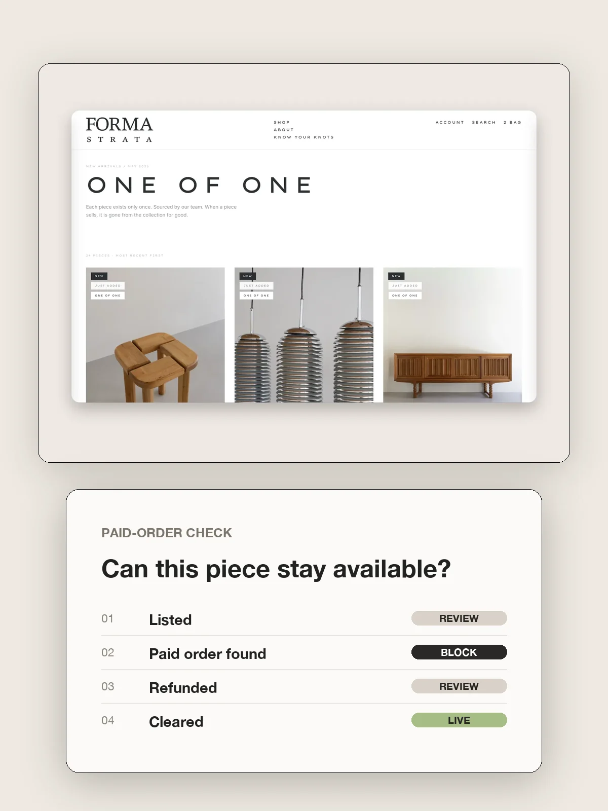 One-of-one inventory with paid-order verification feature system