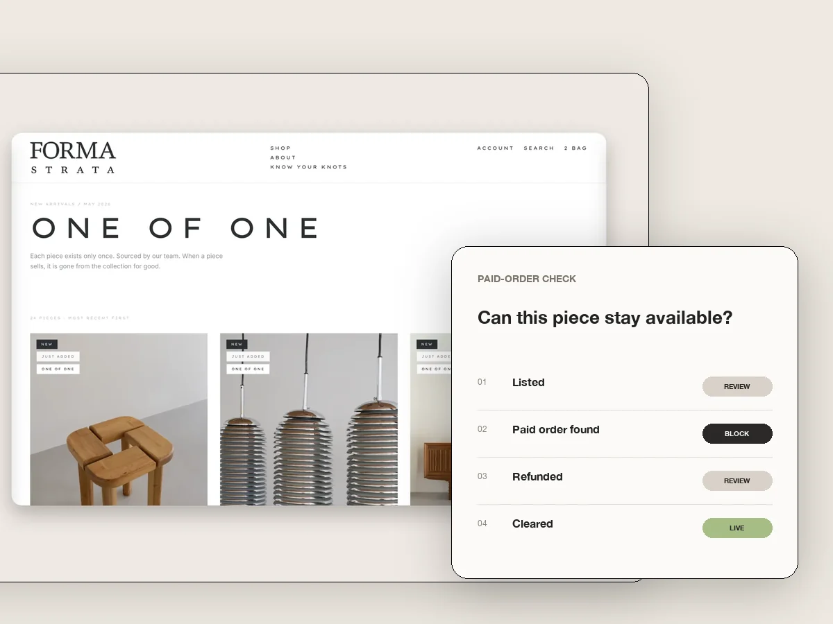 Forma Strata One of One catalogue with a paid-order verification flow