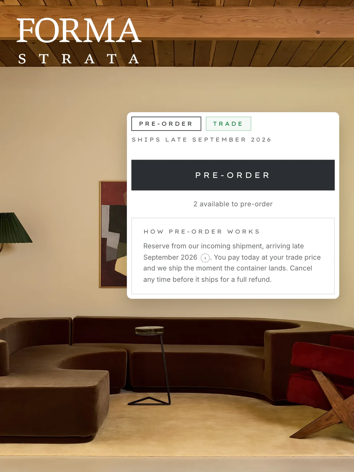 Forma Strata room with its live pre-order interface