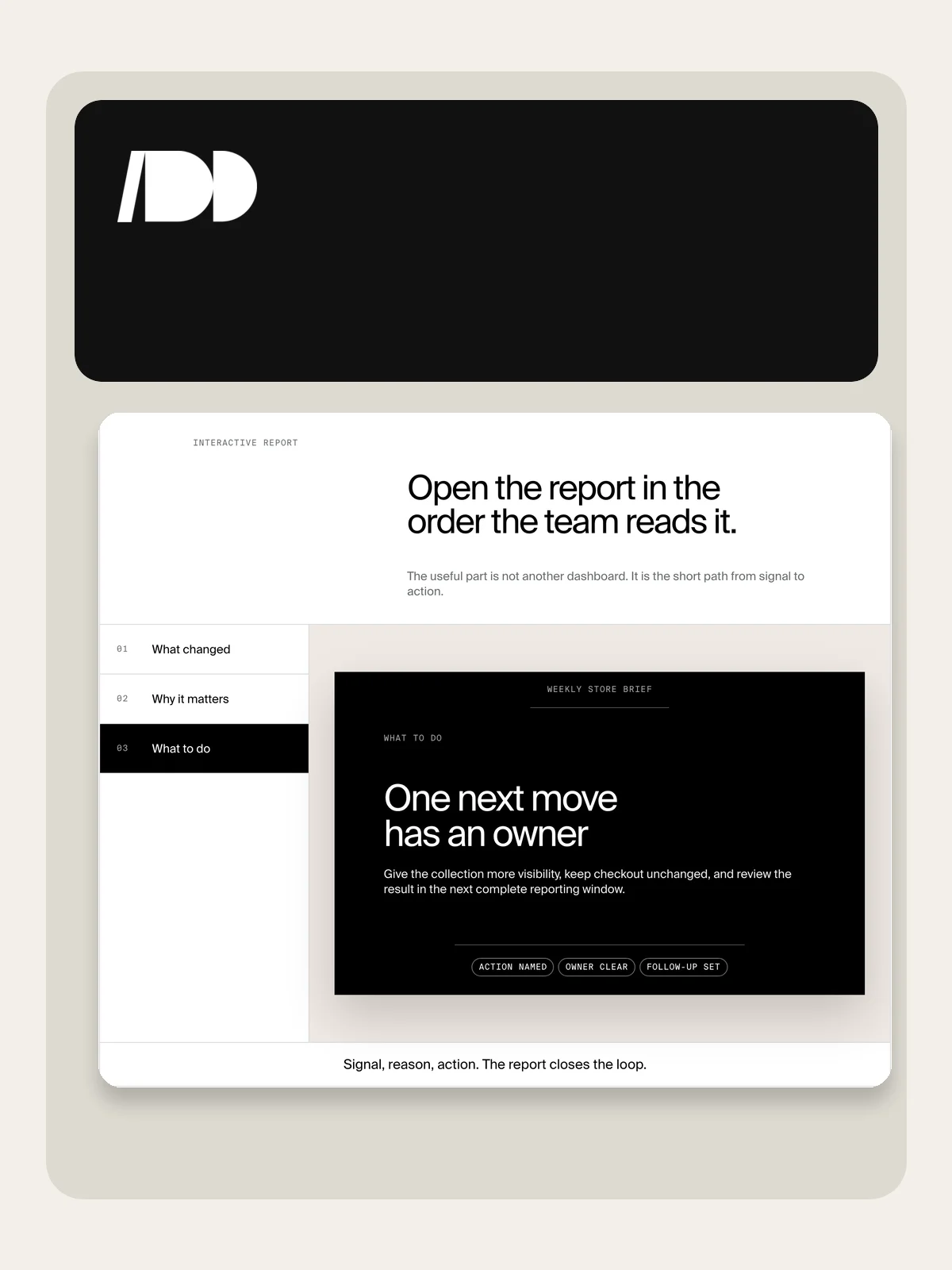 Interactive weekly store brief moving from signal to action
