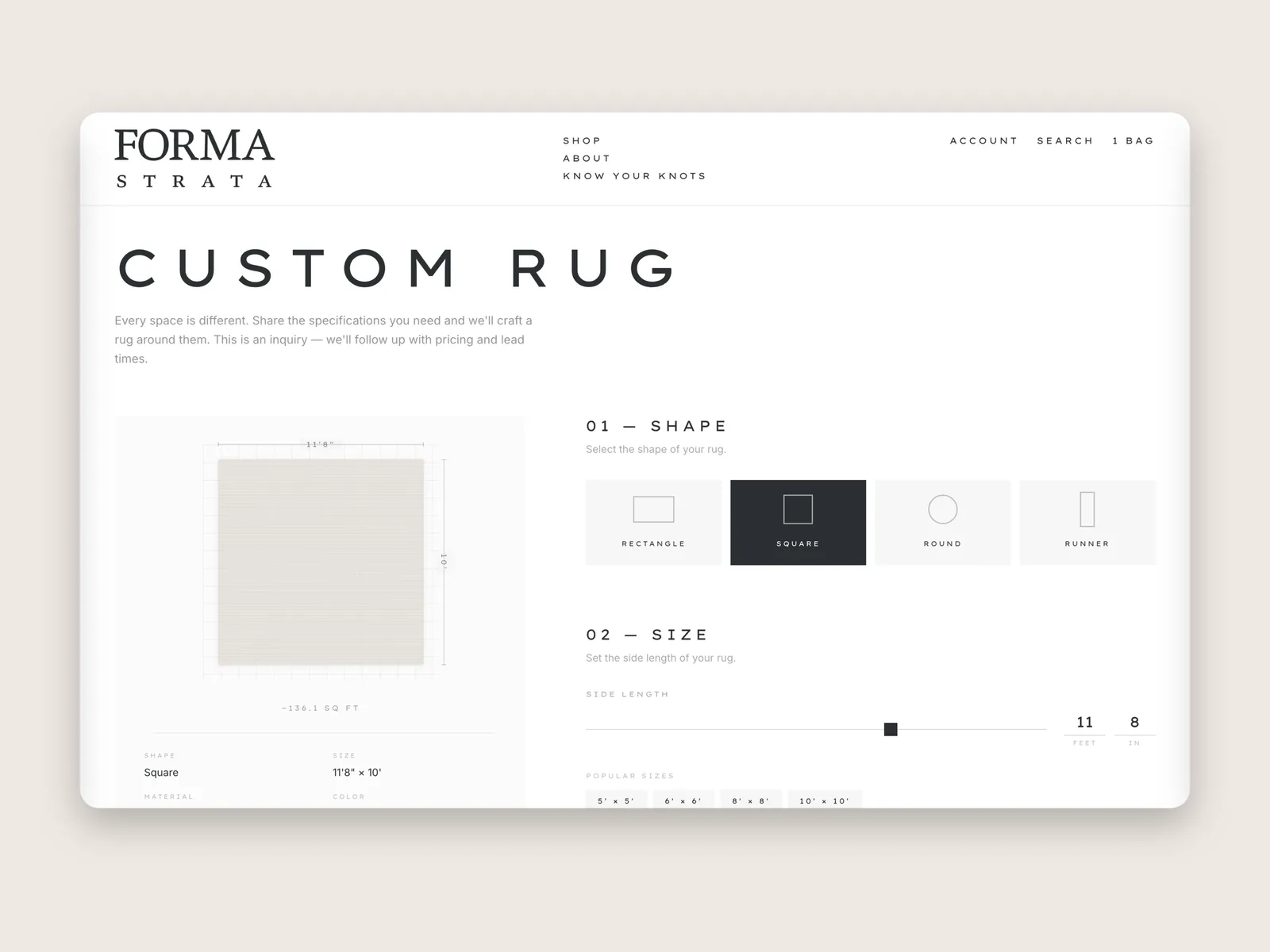 Forma Strata custom rug builder, shape and size step